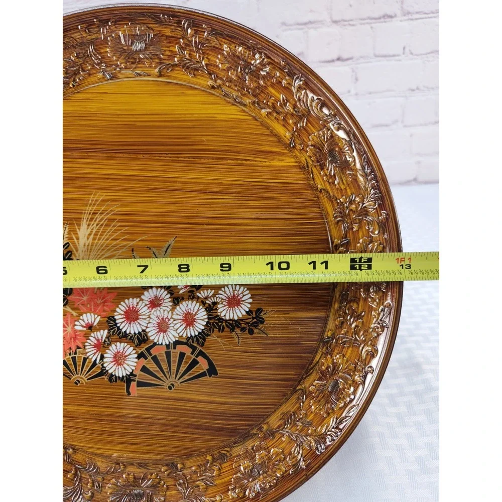 Vtg Japanese Floral Fan Round Plastic Wood Grain Lacquerware Serving Tray 13